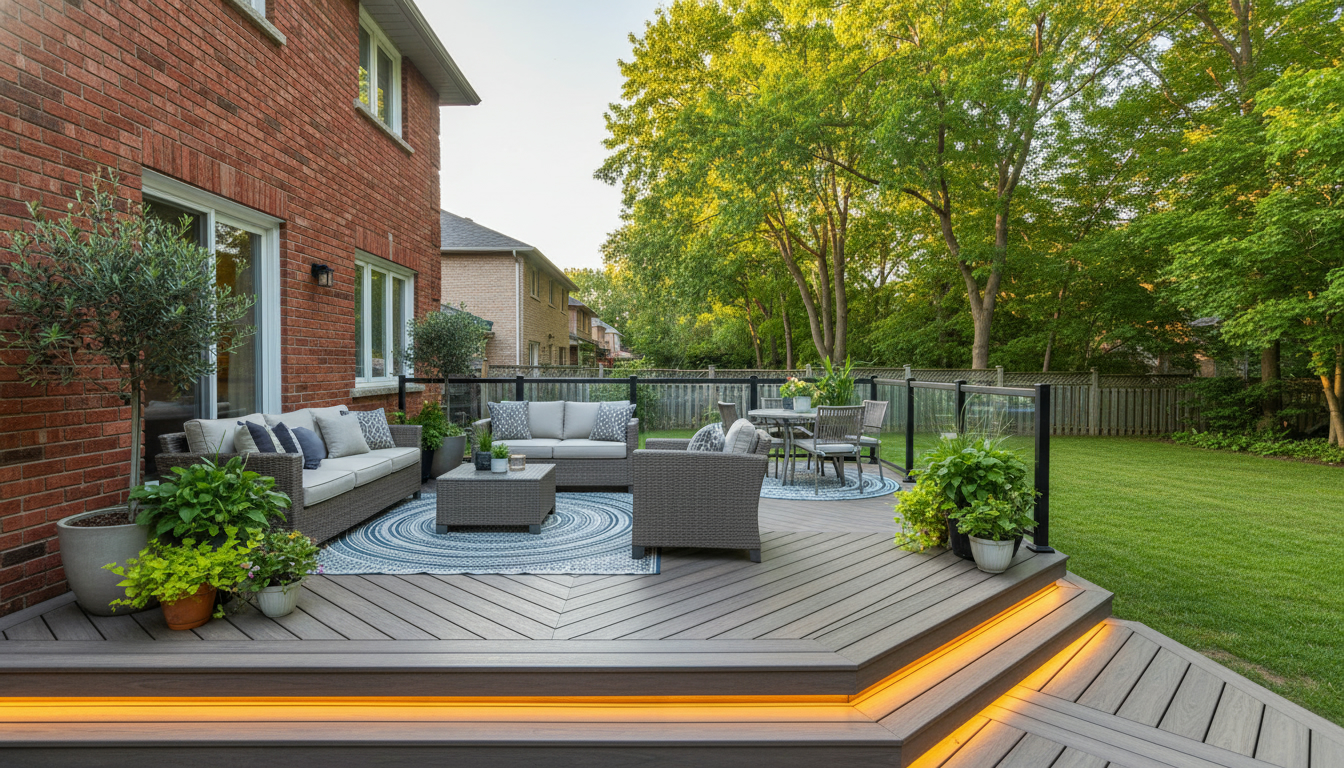 Modern composite deck attached to a suburban Milton home with outdoor furniture and integrated lighting