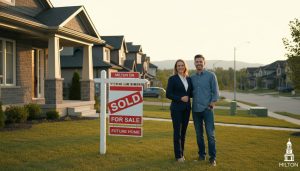 Homeowner and real estate agent in front of a Milton, Ontario house discussing a private sale while a for sale sign stands nearby.