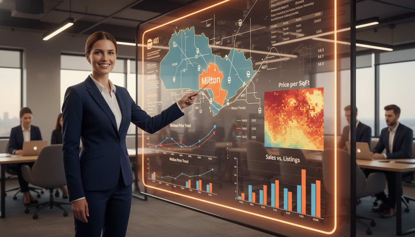 Real estate analyst pointing at screen with Ontario map highlighting Milton and charts of home price trends.