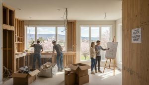 Home renovation in Milton Ontario with contractors, moving boxes, and Niagara Escarpment in background