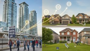 Split-screen image of Milton condos and suburban houses with a rising financial graph overlay.