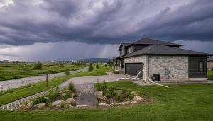 Milton Ontario suburban home with flood protection measures near a creek and storm clouds in the background