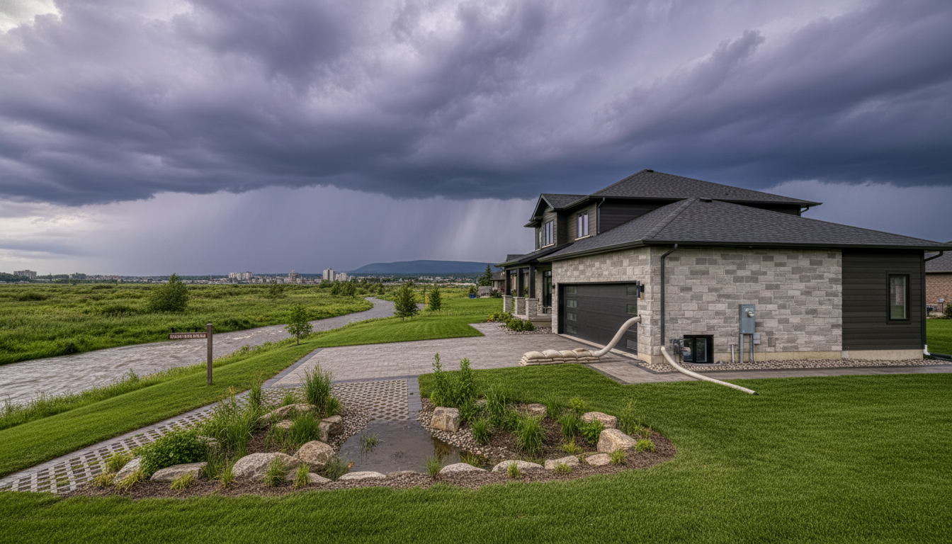 Milton Ontario suburban home with flood protection measures near a creek and storm clouds in the background