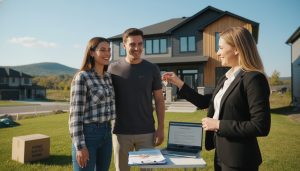 Realtor handing keys to new homeowners outside a home in Milton, Ontario with moving boxes and closing documents visible.