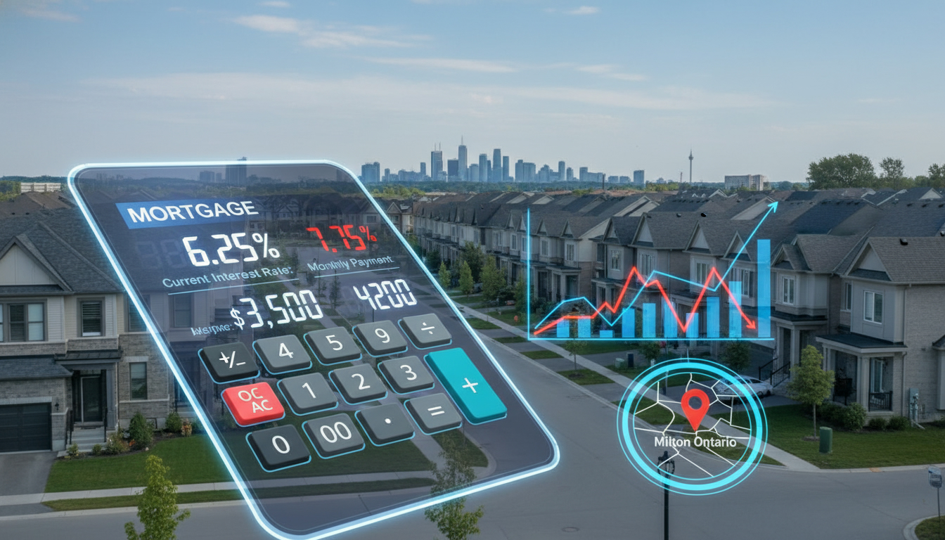 Milton Ontario homes with a mortgage calculator and rising/falling interest rate graph