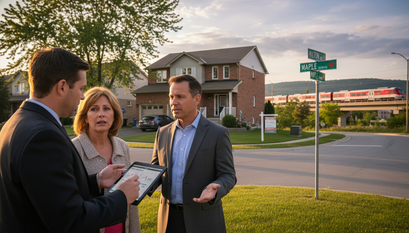 Milton Ontario home appraisal scene with appraiser, realtor, buyer and seller discussing a low appraisal