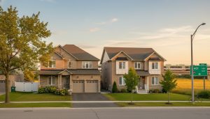 Detached and semi-detached homes side-by-side on a Milton, Ontario street, showing differences in yard size and architecture.