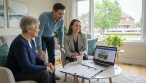 Realtor assisting adult child and elderly parent with paperwork in a bright Milton home, with suburban street visible through window.