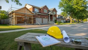 Milton home with a garage addition under construction and permit documents on a clipboard in the foreground