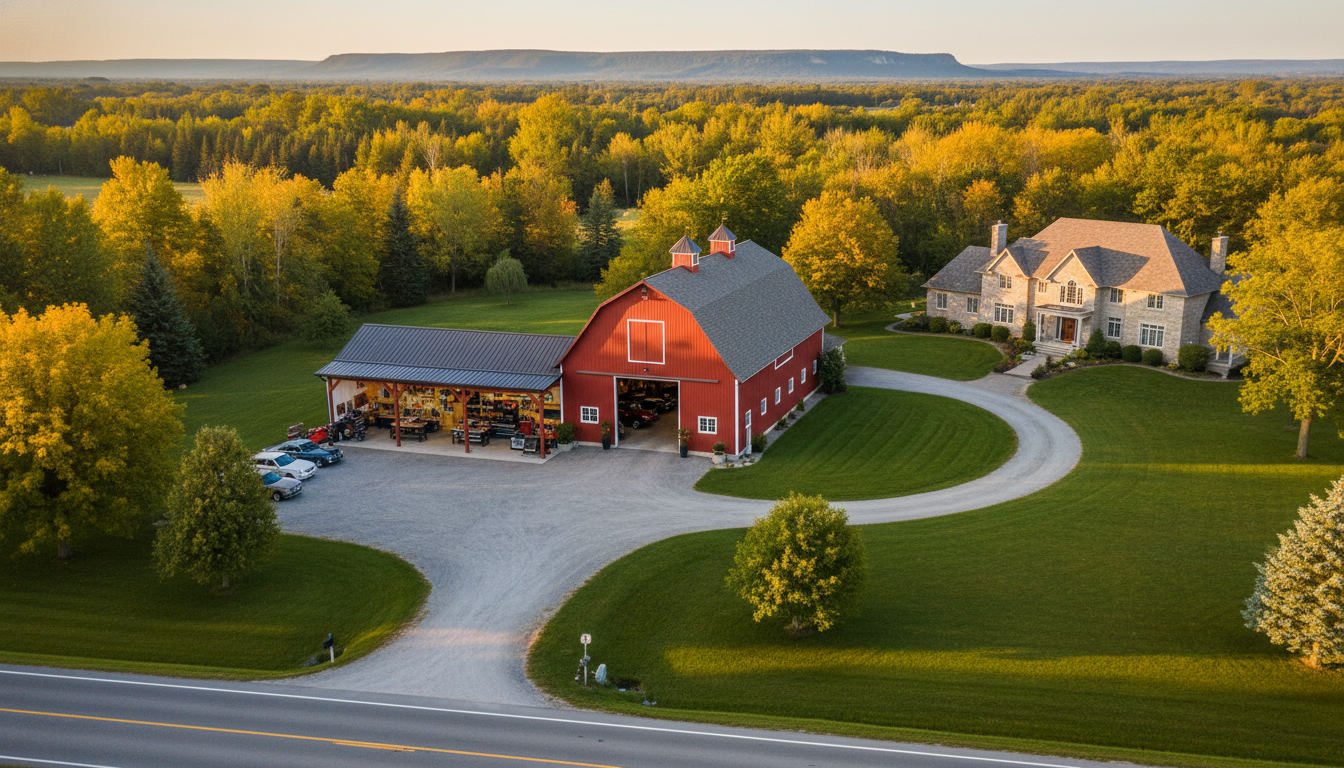 Luxury rural property near Milton Ontario with a red barn and attached heated workshop at golden hour, organized bays visible and escarpment in background.