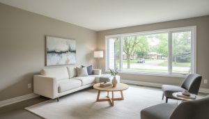 Staged Milton home living room with neutral freshly painted walls and natural light