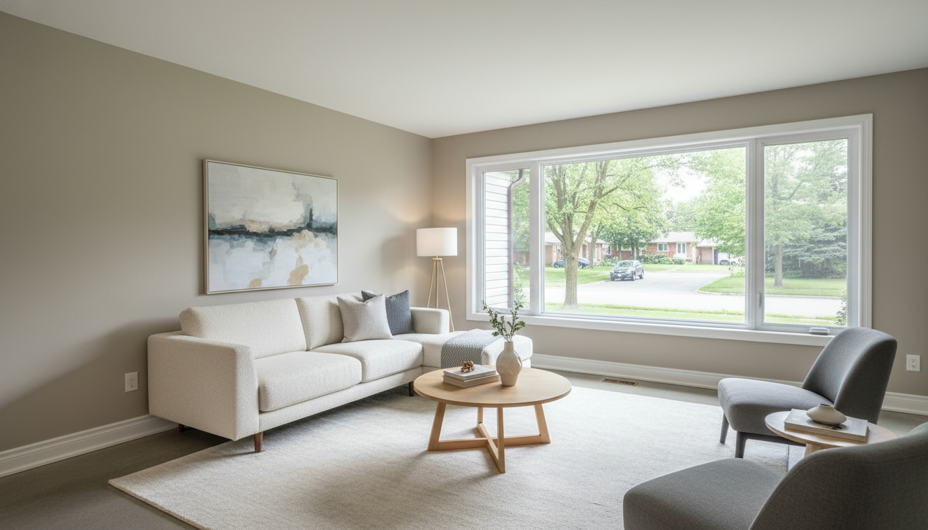 Staged Milton home living room with neutral freshly painted walls and natural light