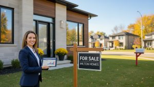 Local realtor placing For Sale sign in front of a Milton Ontario home with marketing tablet visible
