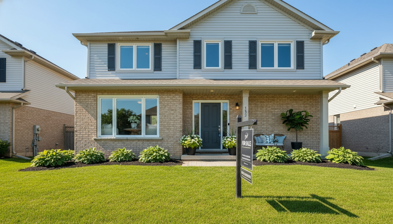 Staged suburban Milton Ontario home with 'For Sale' sign and neat lawn, daylight exterior
