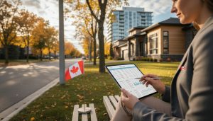 Landlord reviewing rental property expenses on a tablet in front of Milton, Ontario homes