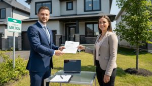 Seller's lawyer handing keys and legal documents to homeowner outside a Milton, Ontario house during closing