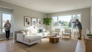 Professionally staged Milton home interior with realtor and photographer preparing for listing photos