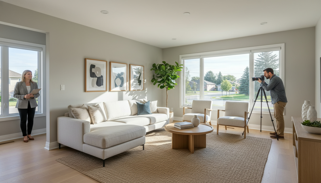 Professionally staged Milton home interior with realtor and photographer preparing for listing photos