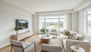 Staged modern living room in a Milton home with natural light and neutral decor.