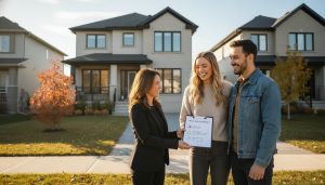 Realtor handing a move-in checklist to new homeowners outside a modern Milton Ontario house