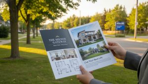 Real estate agent holding a home story brochure in front of a Milton, Ontario suburban home with neighborhood visible