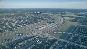 Aerial view of Milton, Ontario showing neighbourhoods, highways, and a highlighted planned arterial road under construction
