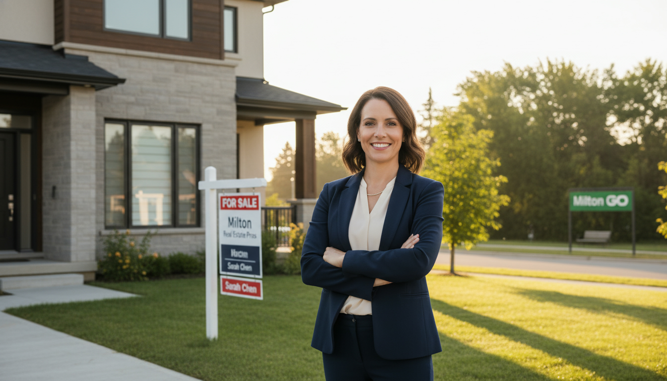 Real estate agent in front of a Milton, Ontario home with GO station in background