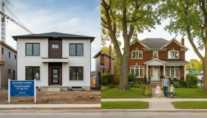 Split image of modern new construction home and mature resale home in Milton, Ontario with Milton GO Transit visible in background.