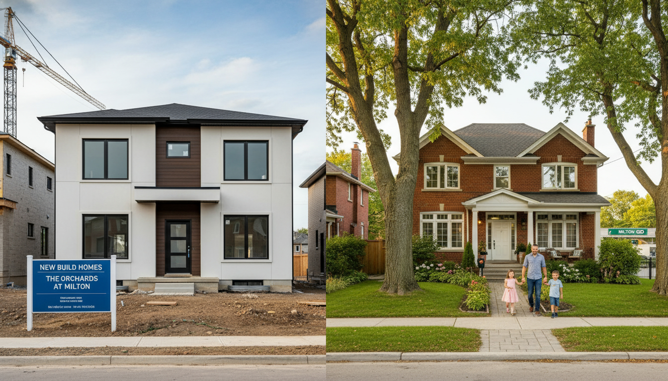 Split image of modern new construction home and mature resale home in Milton, Ontario with Milton GO Transit visible in background.