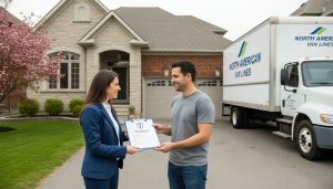 Realtor handing insurance checklist to homeowner in front of Milton house with moving truck