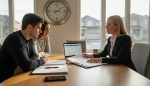Realtor reviewing offers with clock and Milton suburb visible through window illustrating urgency in seller response times