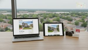 Laptop showing Realtor.ca Milton listing and tablet showing Zillow, with Milton Ontario skyline in background and a For Sale sign on a desk.