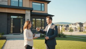 Real estate agent handing keys to seller in front of a Milton, Ontario home with a tablet showing bank transfer confirmation