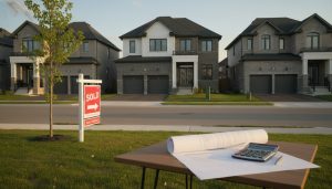 Milton Ontario home with sold sign, mortgage paperwork and calculator in foreground