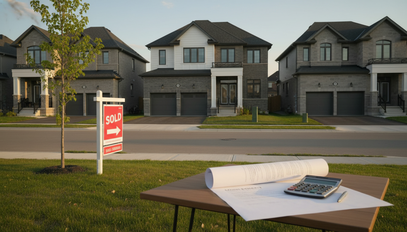 Milton Ontario home with sold sign, mortgage paperwork and calculator in foreground