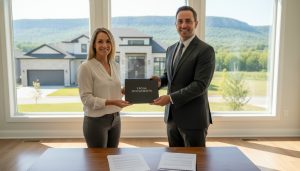 Realtor handing legal documents to homeowner in front of a Milton, Ontario house with Escarpment background