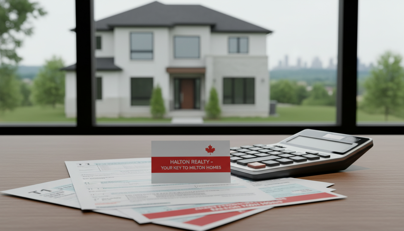 Milton house for sale with calculator and tax forms showing real estate commission and HST documents