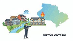 Milton Ontario homes near creek with flood and fire insurance icons and realtor pointing to a house