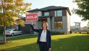 Real estate agent holding a SOLD sign in front of a suburban Milton, Ontario home on a sunny day