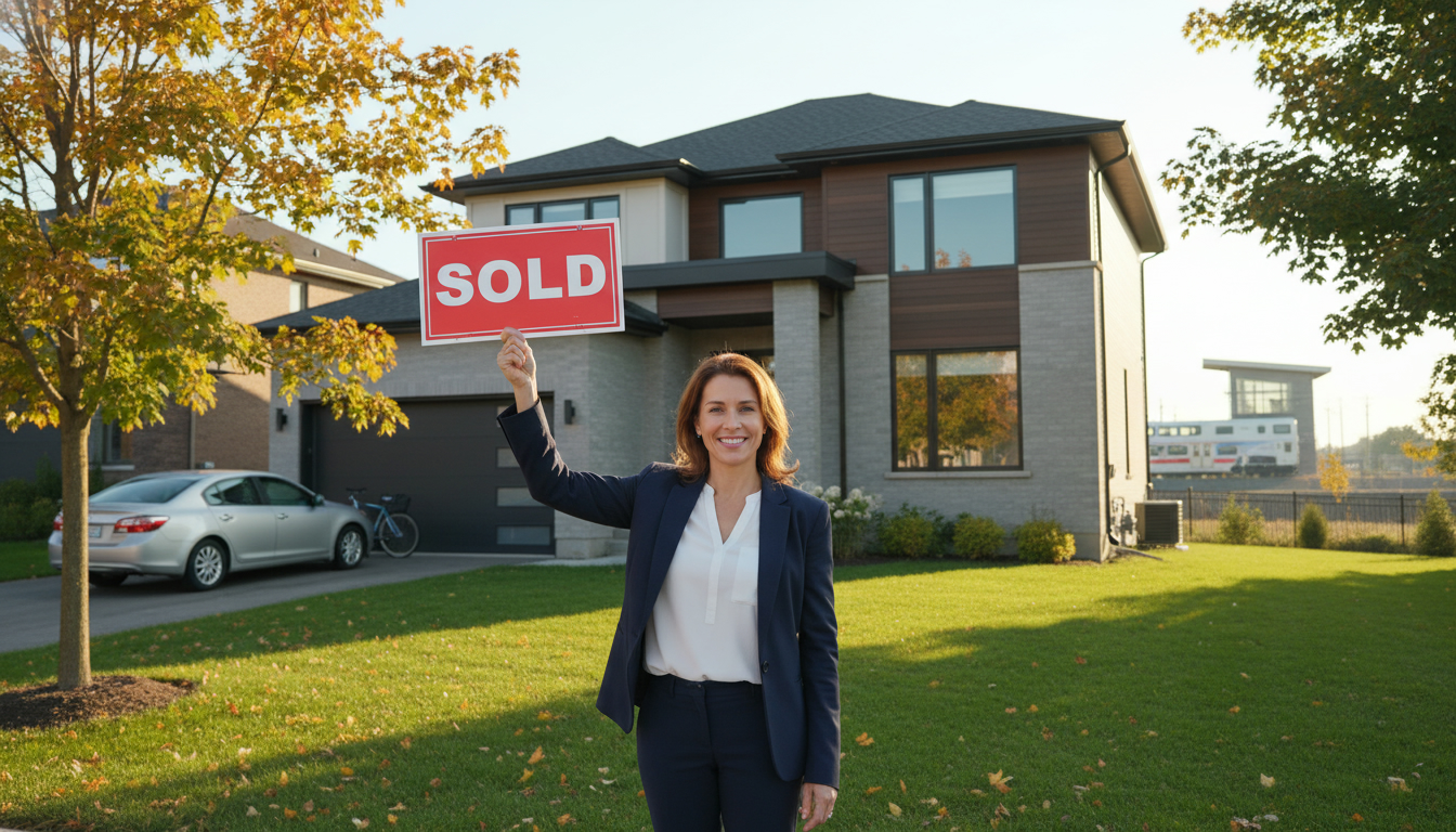 Real estate agent holding a SOLD sign in front of a suburban Milton, Ontario home on a sunny day
