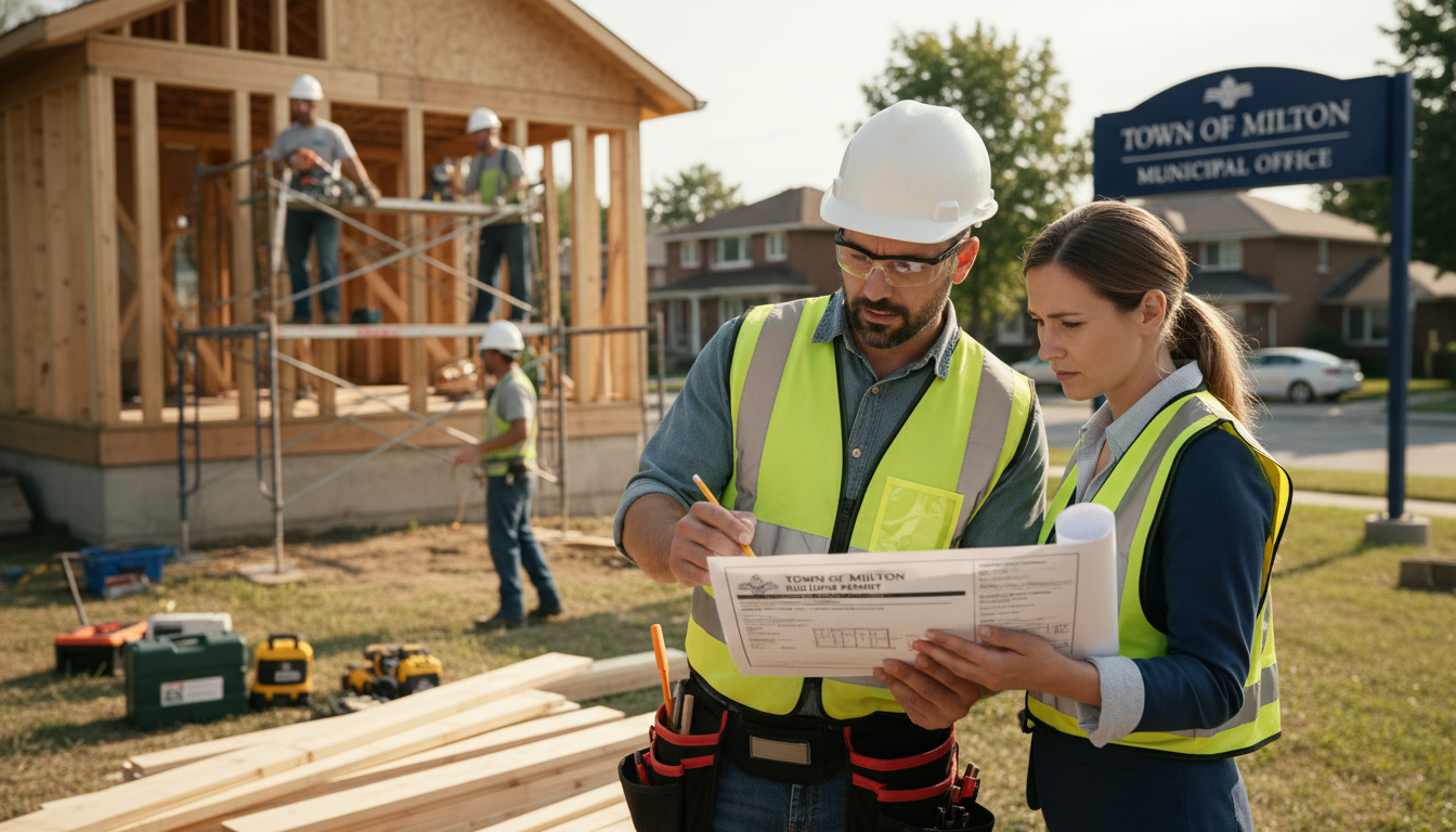Contractor and homeowner reviewing building permit and blueprints in front of a renovated Milton, Ontario house