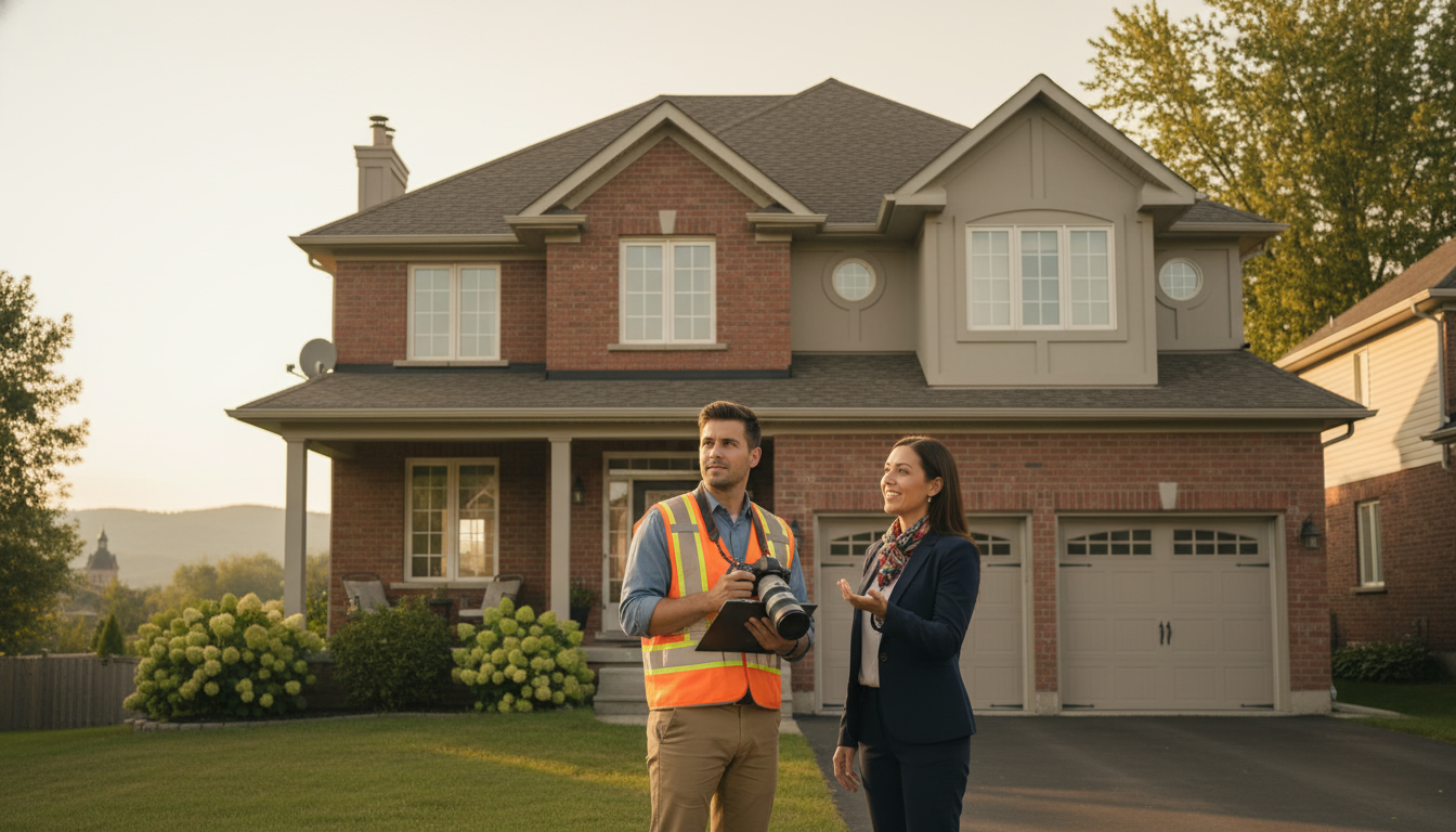 Milton Ontario home exterior with a home inspector and realtor reviewing a clipboard before a sale