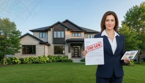 Real estate agent in front of a Milton, Ontario home holding a contract stamped 'Too Low' with market charts visible on a tablet.