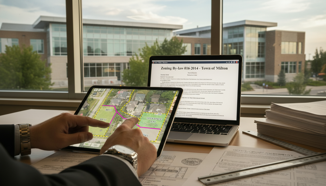 Milton property with overlaid zoning map and planner reviewing zoning documents on a tablet