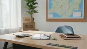 Realtor desk with closing documents, calculator, keys and moving boxes representing closing costs in Milton Ontario