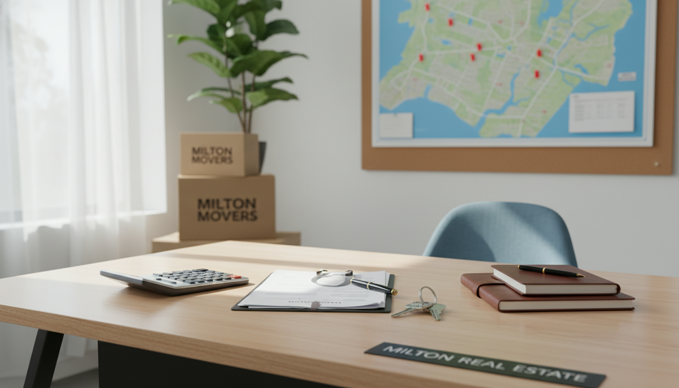 Realtor desk with closing documents, calculator, keys and moving boxes representing closing costs in Milton Ontario