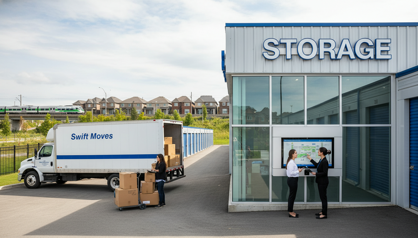 Milton homeowner with moving boxes outside a self-storage facility and moving van