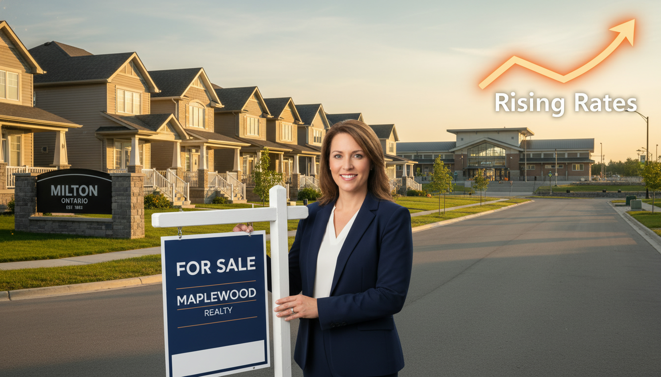 Realtor in Milton with For Sale sign, suburban homes and Milton town sign in background