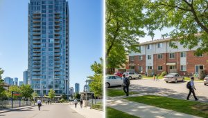 Split image comparing a high-rise condo tower and a low-rise condo building in Milton, with a GO Train station visible in the distance.