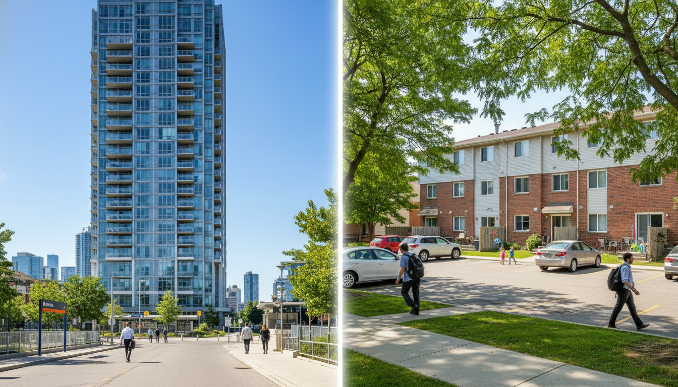 Split image comparing a high-rise condo tower and a low-rise condo building in Milton, with a GO Train station visible in the distance.
